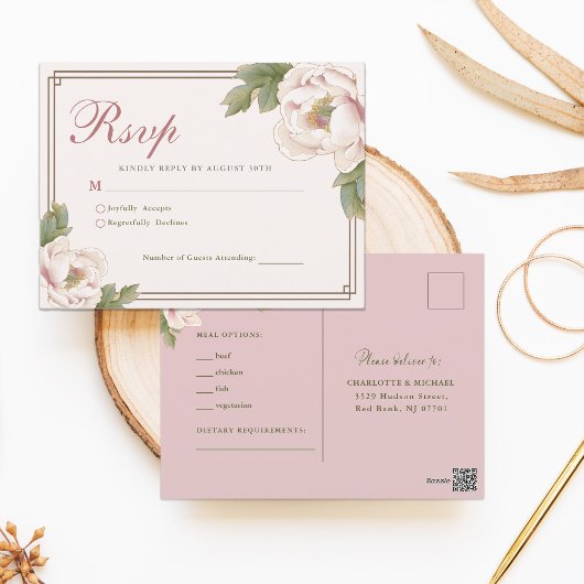 Moderne Retro Blush Peony Floral Wedding RSVP Postkarte