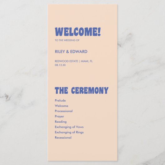 Moderne Retro & Bold Blue Beige Hochzeit Programm (Vorderseite)