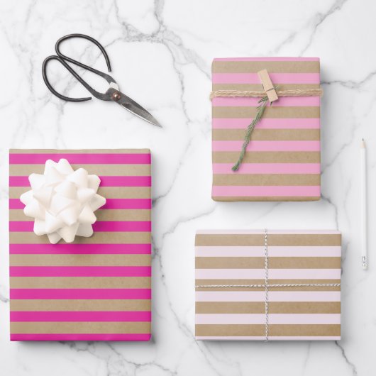 Moderne Retro Creme Hot Pink Stripes Kraft Geschenkpapier Set (Vorderseite)
