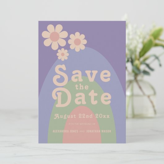 Moderne Retro Daisy Wedding Save The Date (Stehend Vorderseite)