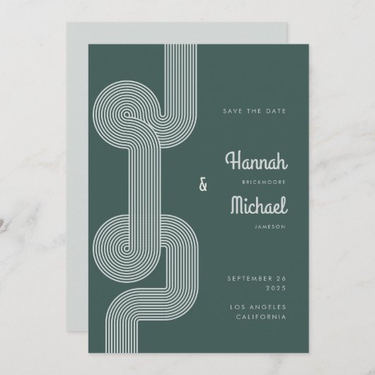 Moderne Retro Dunkelgrüne Linienhochzeit Save The Date (Vorne/Hinten)