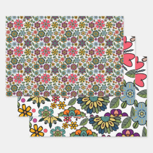 Moderne Retro-Floral Zeichnend Nahtloses Muster Ku Geschenkpapier Set