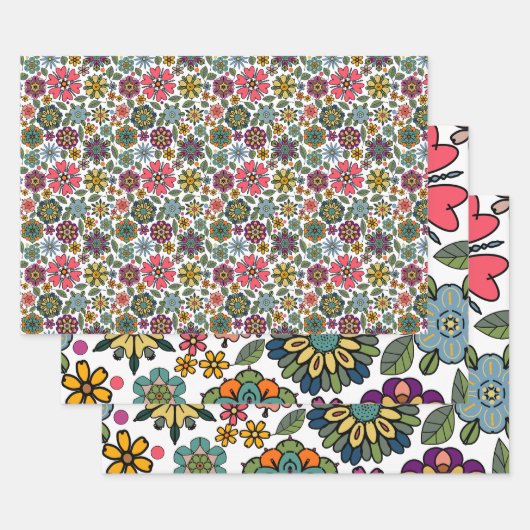 Moderne Retro-Floral Zeichnend Nahtloses Muster Ku Geschenkpapier Set (Set)