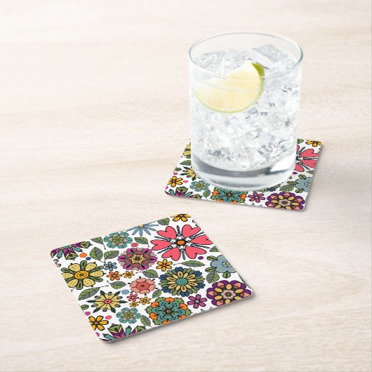 Moderne Retro-Floral Zeichnend Nahtloses Muster Ku Rechteckiger Pappuntersetzer (Vor Ort)