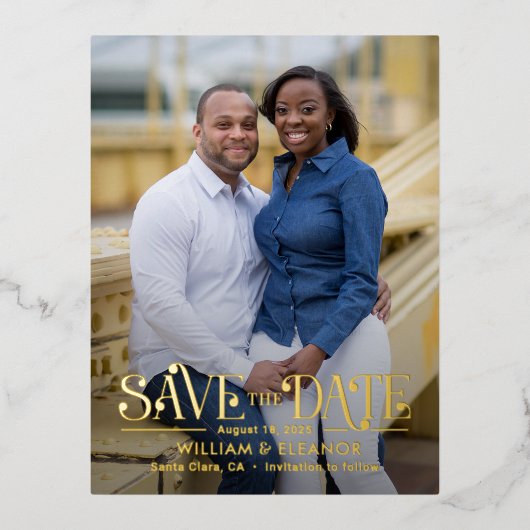 Moderne Retro FOLIE Save the Date Postkarte (Vorderseite)