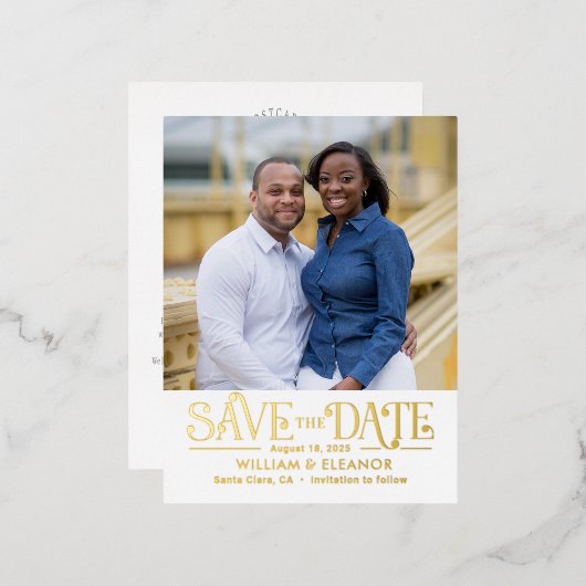 Moderne Retro FOLIE Save the Date Postkarte (Vorderseite/Rückseite)