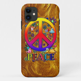 Moderne Retro Friedenszeichen-Text-Vögel u. Blumen iPhone 11 Hülle