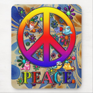 Moderne Retro Friedenszeichen-Text-Vögel u. Blumen Mousepad