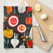Moderne Retro Frucht und Veg auf schwarzem Muster Geschirrtuch (Viertel Falte)