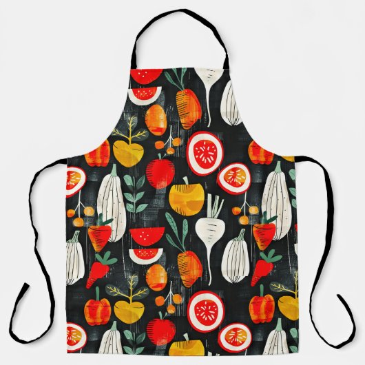 Moderne Retro Frucht und Veg auf schwarzem Muster Schürze (Vorderseite)