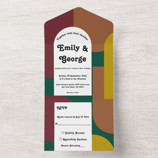 Moderne Retro Groovy 70er Abstrakte Hochzeit All In One Einladung (Innen Boden)