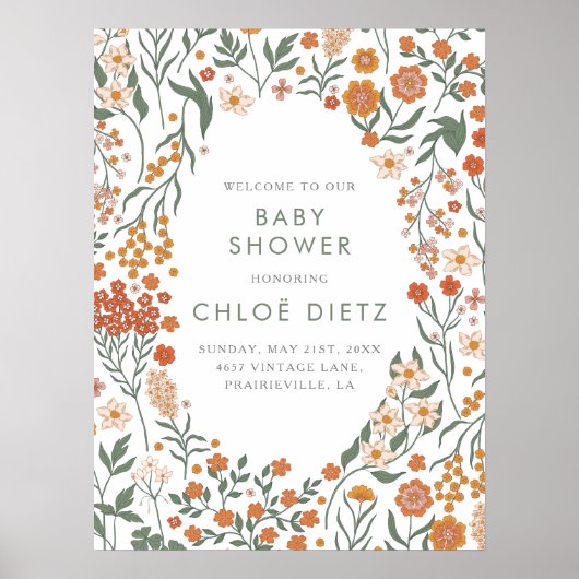 Moderne Retro Groovy Floral Baby Dusche Poster (Vorne)