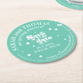 Moderne Retro Groovy Green 70er Hochzeit speichern Runder Pappuntersetzer (Angewinkelt)