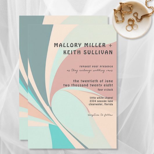 Moderne Retro Groovy Peach Aquamarin & Aqua Weddin Einladung