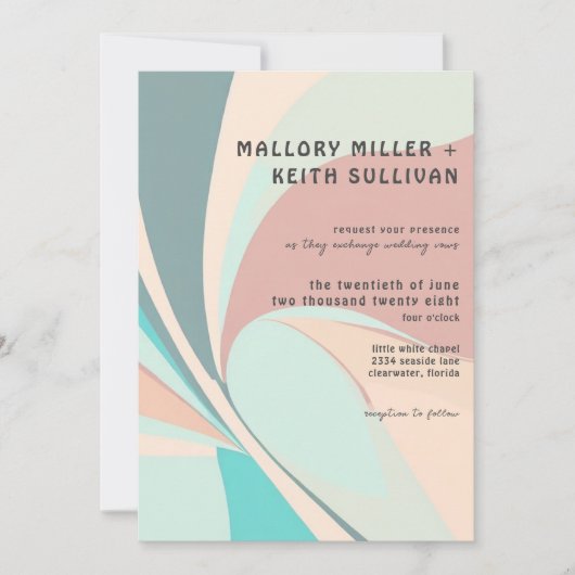 Moderne Retro Groovy Peach Aquamarin & Aqua Weddin Einladung (Vorderseite)