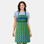 Moderne Retro-Link-Muster in Blau und Grün Schürze (Getragen)