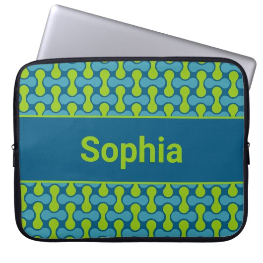Moderne Retro-Link-Pattern in Blau und Grün Laptopschutzhülle (Vorderseite)