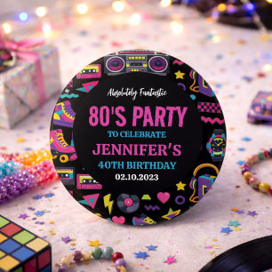 Moderne Retro-Neon-80er-Jahre-Geburtstagsfeier für Button