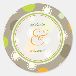 Moderne Retro Orange Green Fun Dots Hochzeitsticke Runder Aufkleber