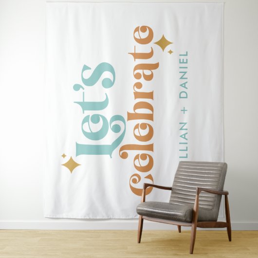 Moderne Retro Orange und Aquamarine Hochzeit Wandteppich (Beispiel)