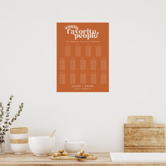 Moderne Retro Orange Wedding 14 Table Seating Char Poster (Küche)