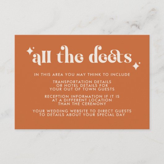 Moderne Retro Orange Wedding Details Umschließkart Begleitkarte (Vorderseite)