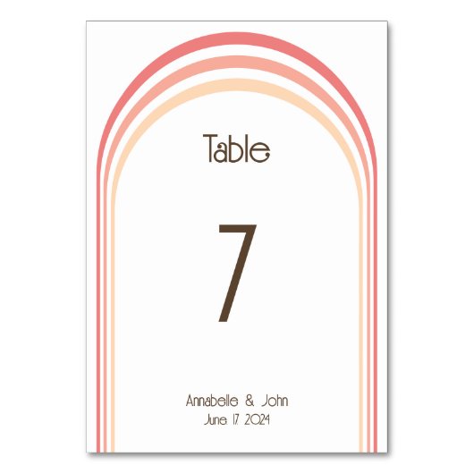 Moderne Retro Pink Peach Coral Rainbow Wedding Tischnummer (Vorderseite)