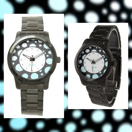 Moderne Retro Polka-Punkte Blau Weiß und Schwarz Armbanduhr