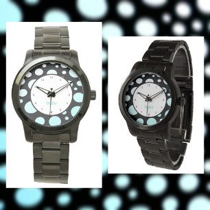 Moderne Retro Polka-Punkte Blau Weiß und Schwarz Armbanduhr
