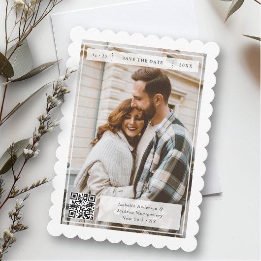 Moderne Retro-Postleitzahl-QR-Code-Hochzeit Save The Date