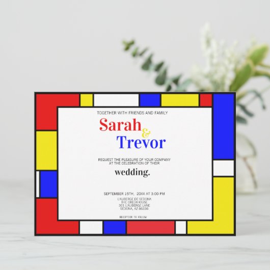 Moderne Retro Primärfarben Geometrische Kunst Einladung (Stehend Vorderseite)