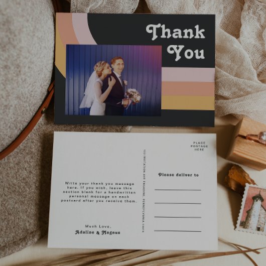 Moderne Retro Rainbow Dark Foto Wedding Vielen Dan Postkarte