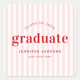 Moderne Retro Red & Pink Stripes Graduierungsparty Quadratischer Aufkleber