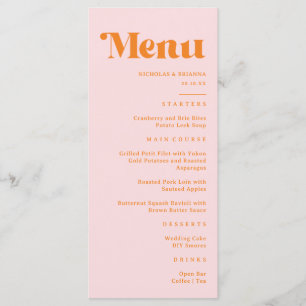 Moderne Retro-Rosa- und Orange-Hochzeit Menükarte