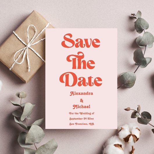 Moderne Retro-Rosa- und Orangefarbene Hochzeit Save The Date