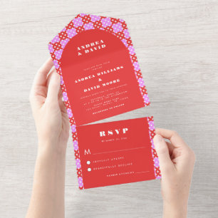 Moderne Retro-Rot-Rosa-Bogen-Geometrie-Hochzeit All In One Einladung