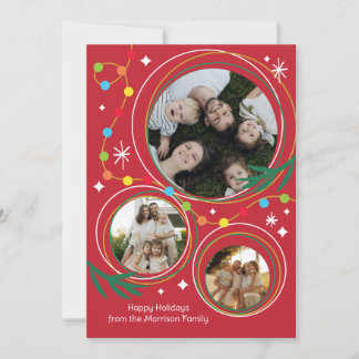 Moderne Retro-Rote 3-Foto-Weihnachtskarten Feiertagskarte