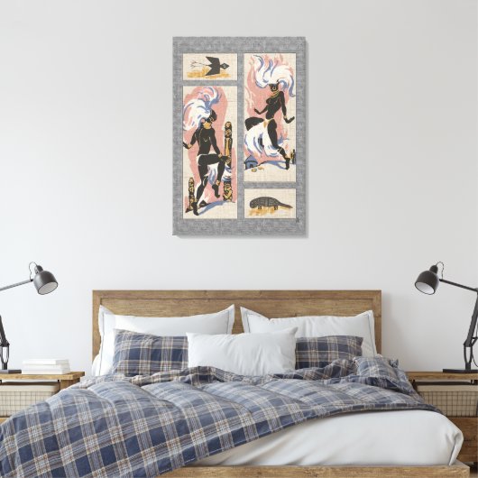 Moderne Retro Tribal Dancers_Black_Gray_Pink_Blue Leinwanddruck (Insitu (Schlafzimmer))