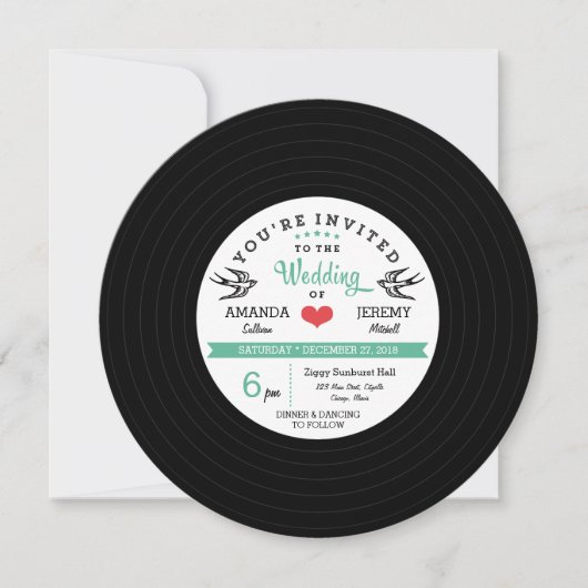 Moderne Retro Vinyl Record Black Aquamarin Wedding Einladung (Vorderseite)