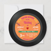 Moderne Retro Vinyl Record Orange & Pink Hochzeit Einladung (Vorderseite)