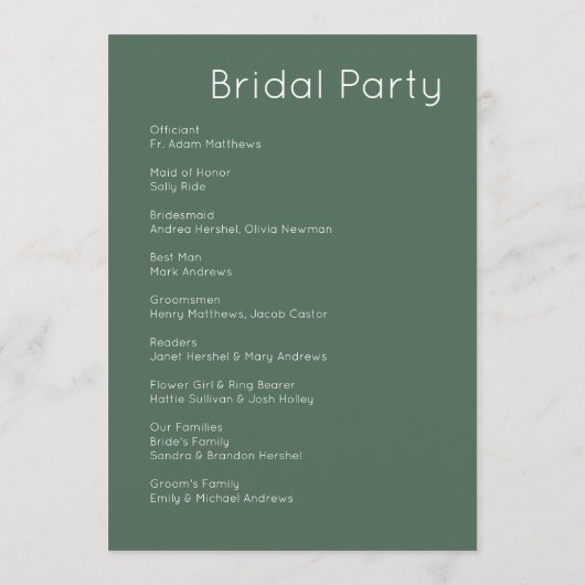 Moderne Retro Weiße & Olivgrüne Hochzeit Programm (Rückseite)