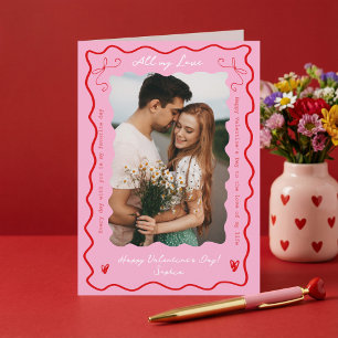 Moderne Retro-Wellige Rosa-Rote Paarfoto Valentins Feiertagskarte