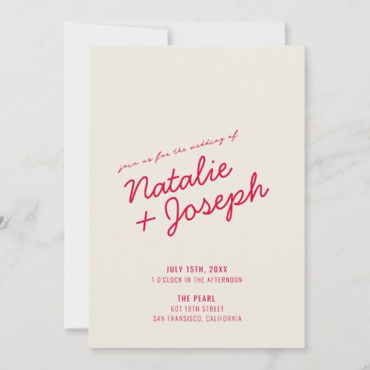 Moderne Retro-Whimsikschrift in einer Hochzeit Einladung (Vorderseite)