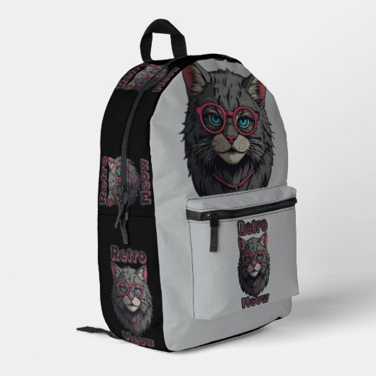 Moderne Retro Wild GrayCat Illustration Bedruckter Rucksack (Rückseitige Ecke links)