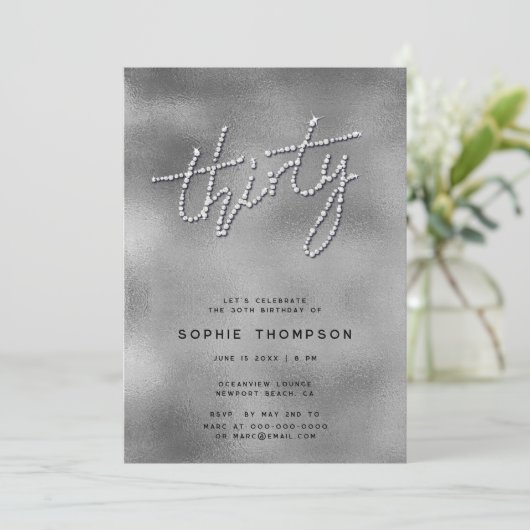 Moderne Rhinestones Silver Reflexions Glam 30. Einladung (Stehend Vorderseite)