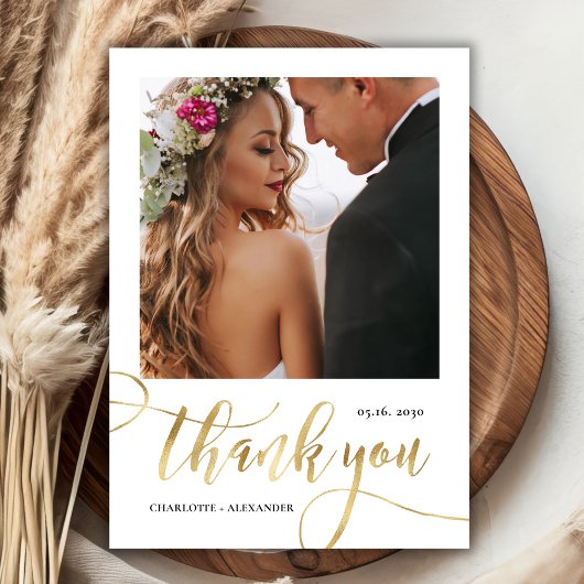 Moderne, riesige Gold Script 2 Foto Hochzeit Dankeskarte
