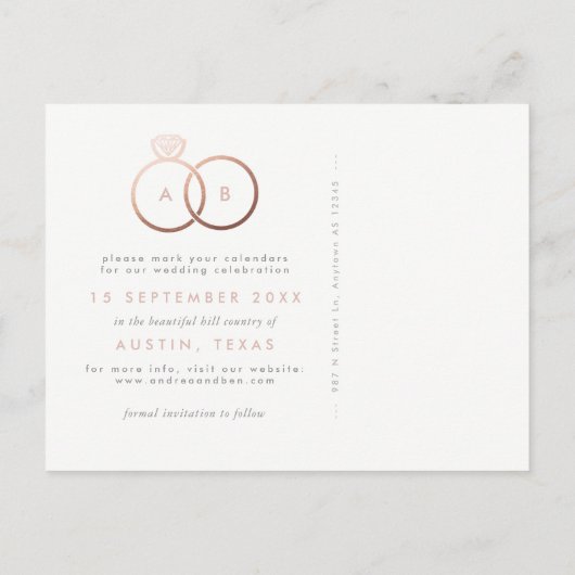 Moderne Rings Rose Gold Save the Date Postkarte (Rückseite)