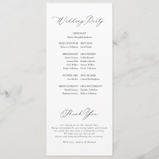 Moderne romantische Delikatessen Hochzeitsfeier Programm (Rückseite)