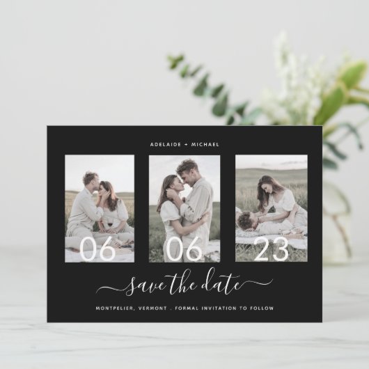 Moderne Romantische Drehbuch-Collage Save The Date (Stehend Vorderseite)