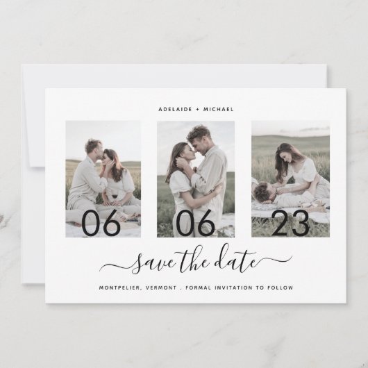 Moderne Romantische Drehbuch-Collage Save The Date (Vorderseite)